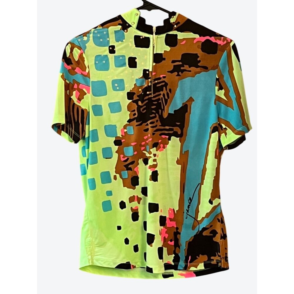Jamie Sadock Women's Small Short Sleeve 1/4 Zip Teal Brown Green Pink Geometric